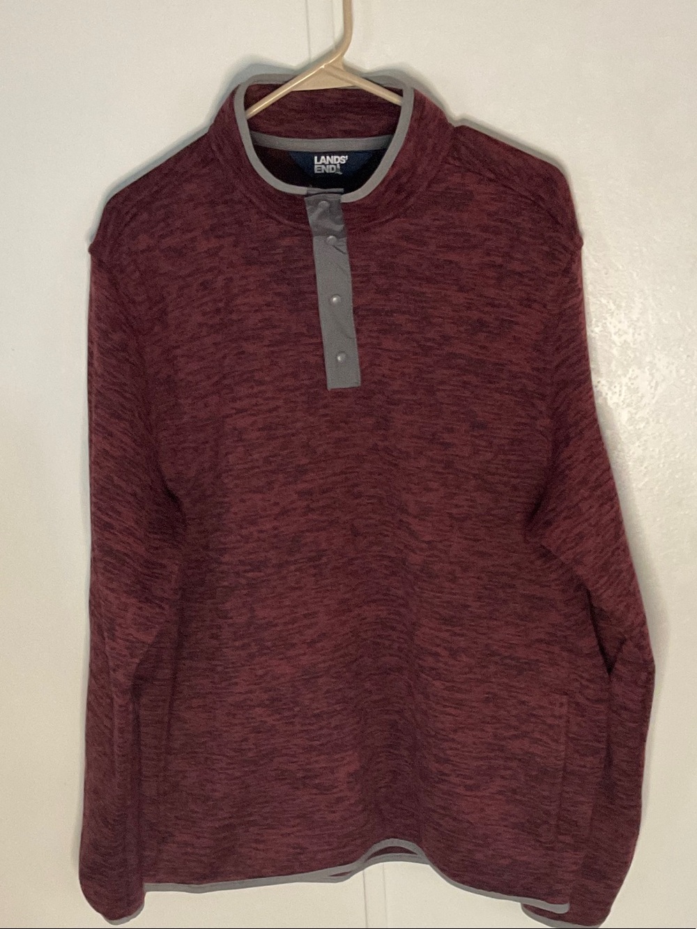 Lands' End Men's Burgundy Heather Henley Pullover with Gray Trim